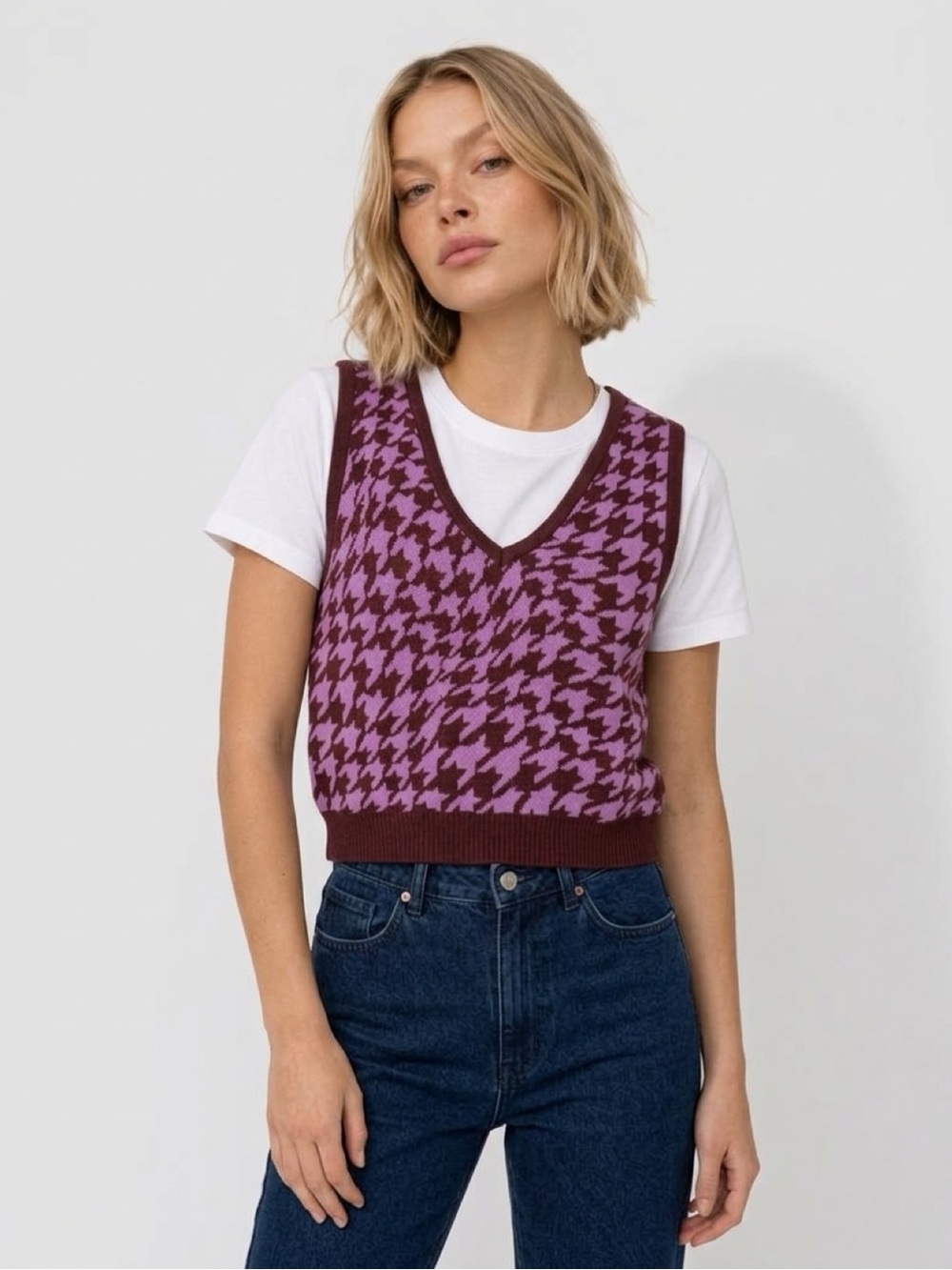 PacSun Purple & Maroon Houndstooth V-Neck Knit Tank